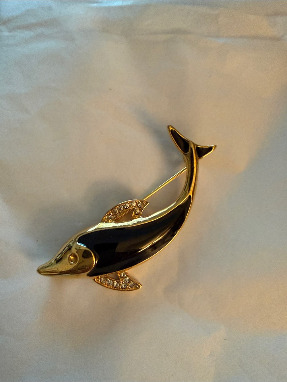 Gold and Black Enamel Dolphin Pin Brooch - Elegant Fish Accent